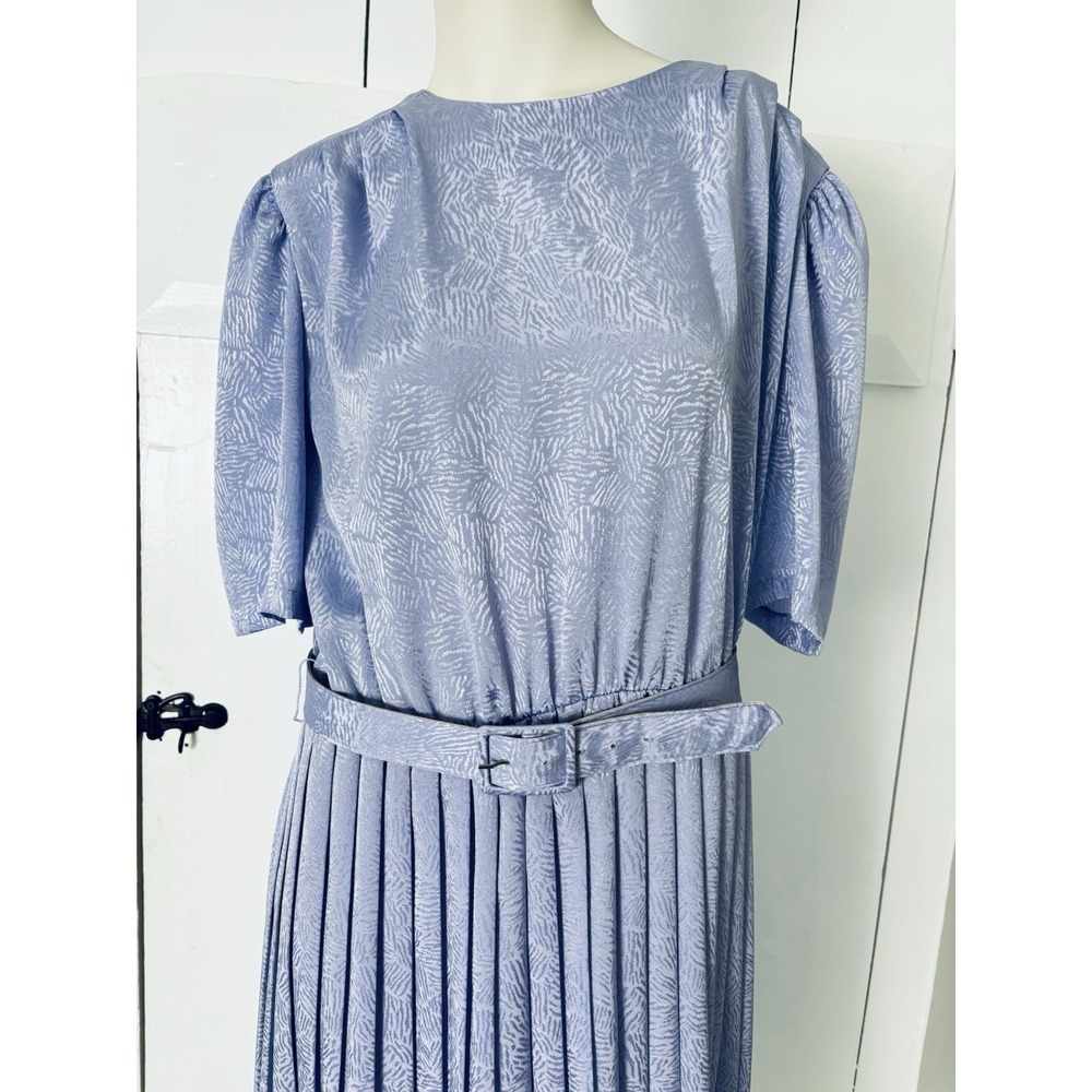 Vintage 1980s Secretary Dress Lady Carol Purple Jacquard Pleated Midi W/Belt 14